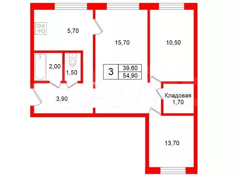 3-к. квартира, 54,9 м, 3/5 эт. - Фото 0