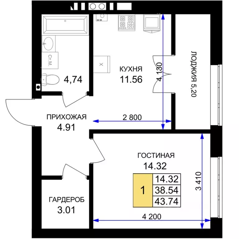 1-к кв. Калининградская область, Гурьевск Включи жилой комплекс (43.74 ... - Фото 0