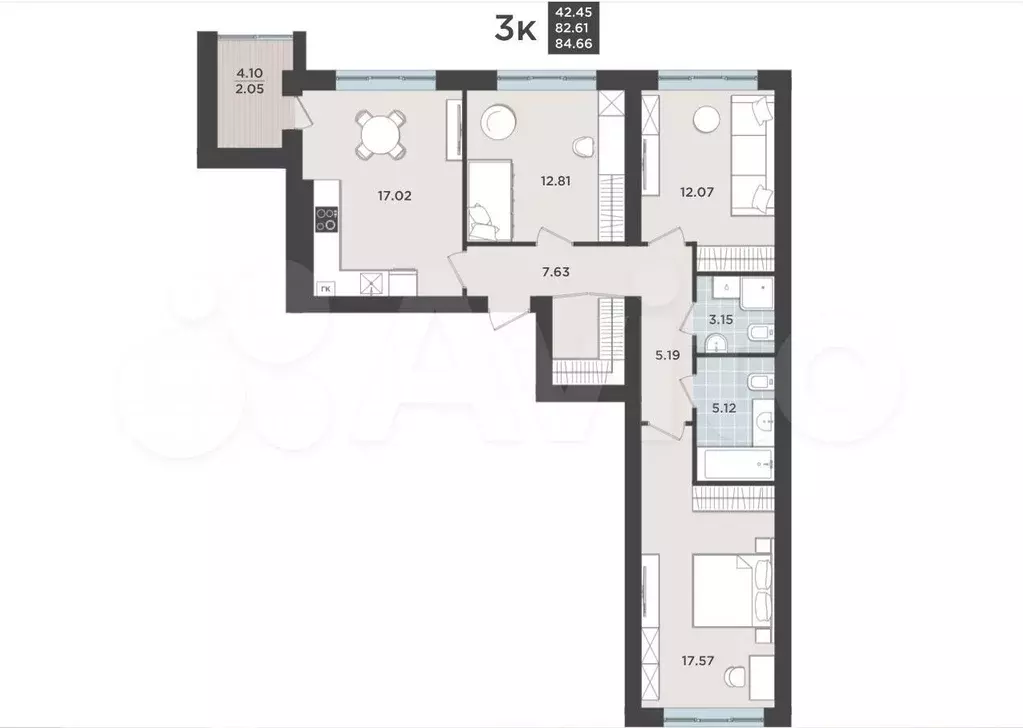 3-к. квартира, 82,6 м, 4/9 эт. - Фото 1