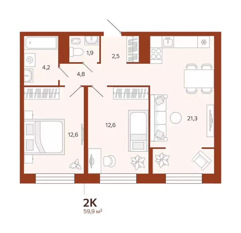 2-комнатная квартира: Тюмень, улица Новаторов, 28 (59.9 м) - Фото 0