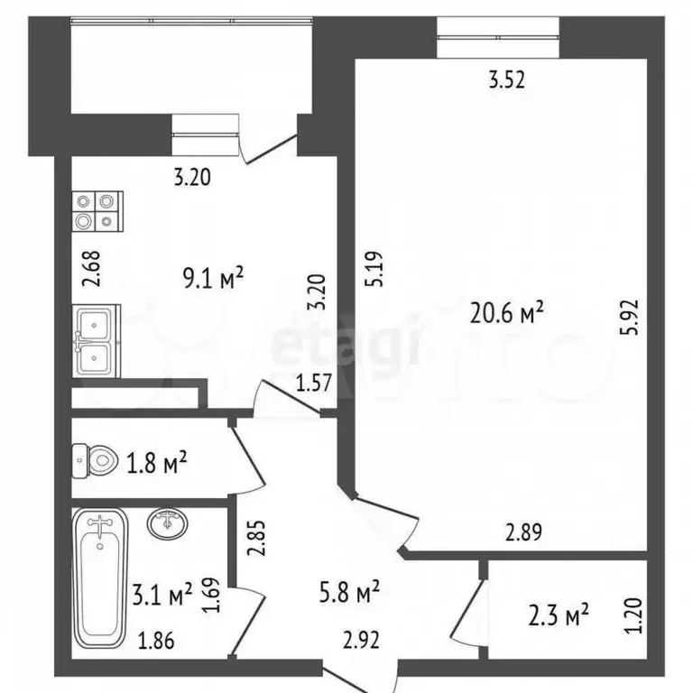 1-к. квартира, 42,7 м, 2/6 эт. - Фото 0