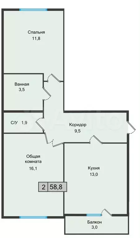 2-к. квартира, 58,8 м, 4/5 эт. - Фото 0