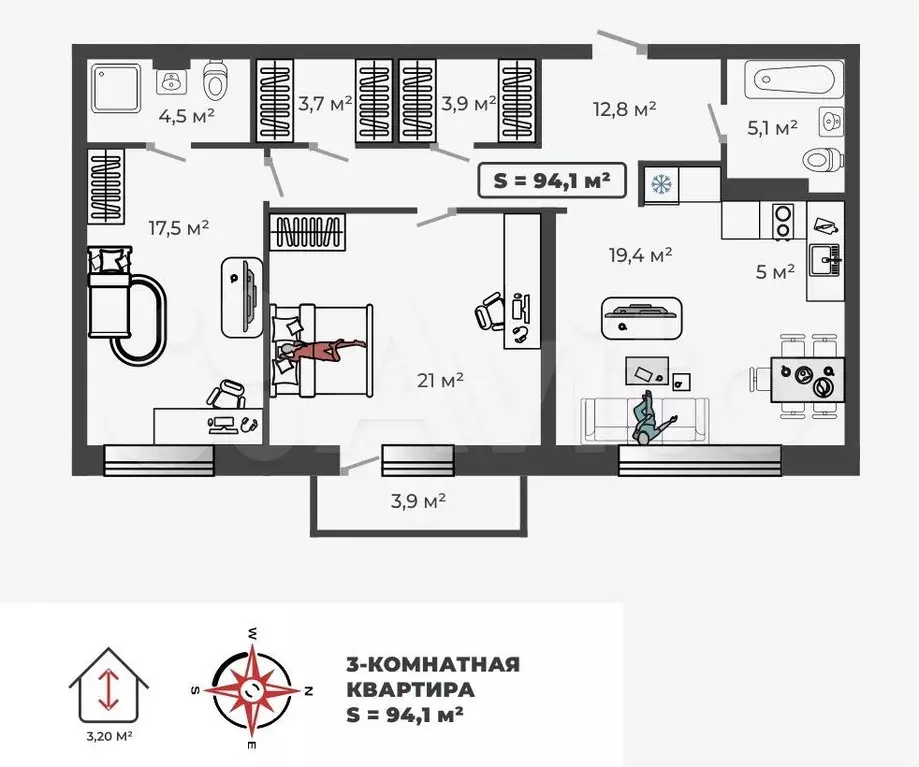 3-к. квартира, 95,8 м, 2/6 эт. - Фото 0