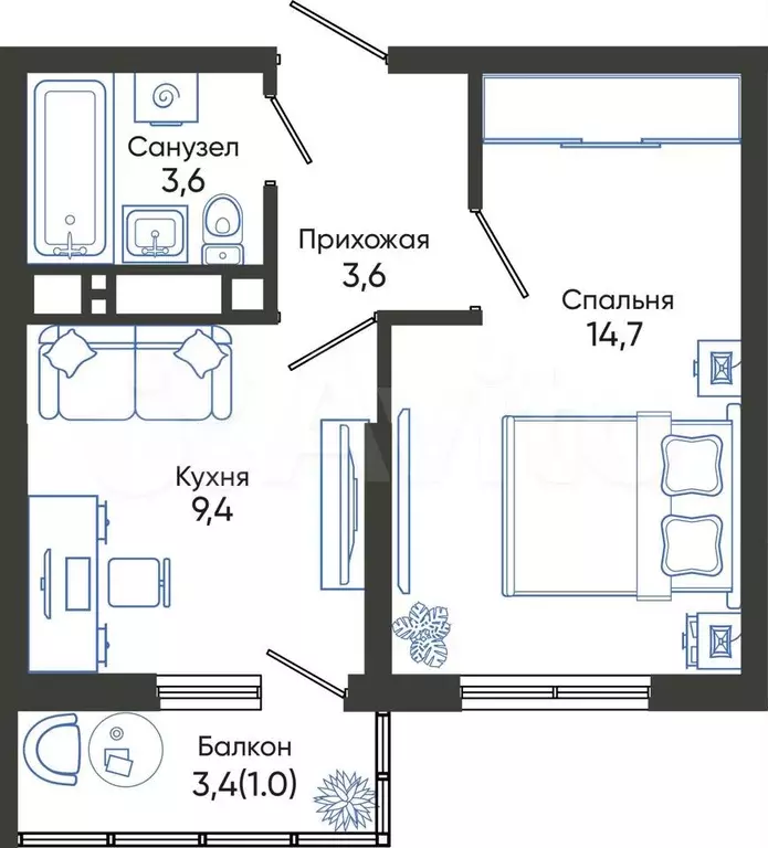 1-к. квартира, 32,3 м, 4/24 эт. - Фото 0