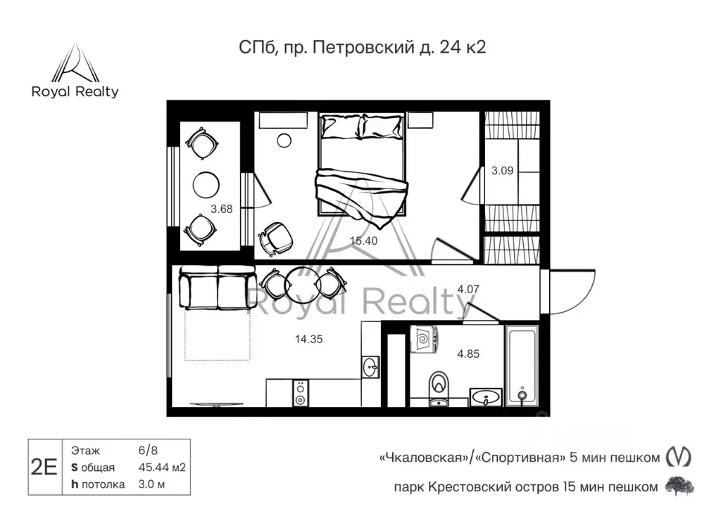 2-к кв. Санкт-Петербург Петровский просп., 24к2 (45.0 м) - Фото 2