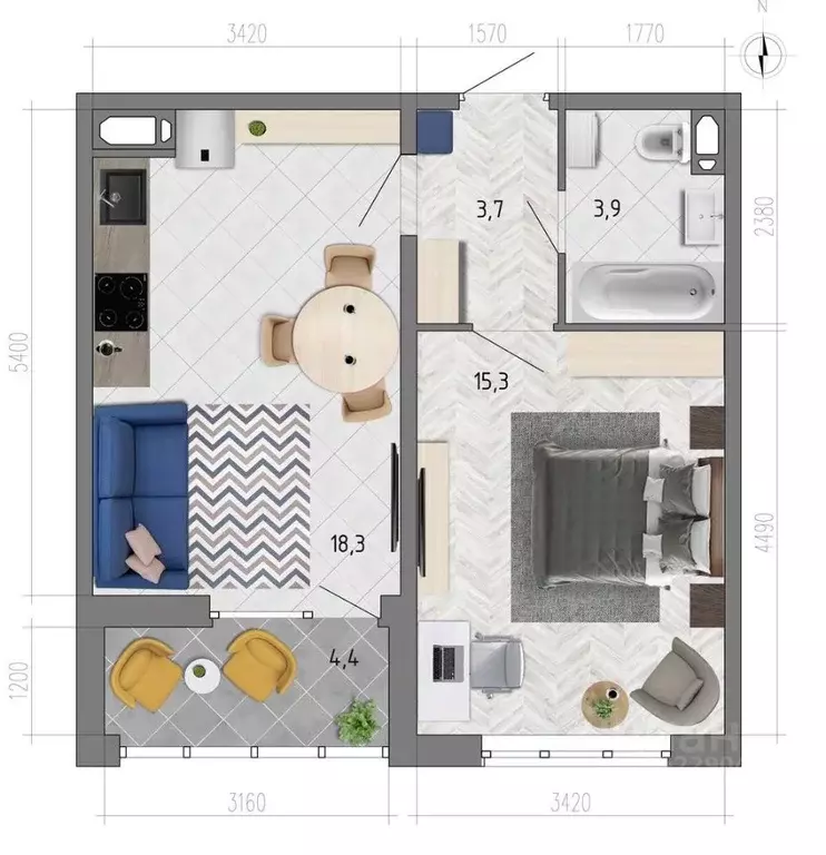 1-к кв. Воронежская область, Воронеж ул. Федора Тютчева, 105 (43.4 м) - Фото 1