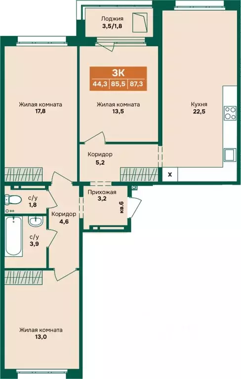 3-к кв. Алтайский край, Барнаул Камчатка жилой комплекс (87.3 м) - Фото 1