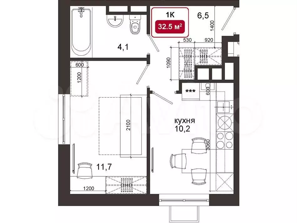 1-к. квартира, 32,5м, 2/4эт. - Фото 1