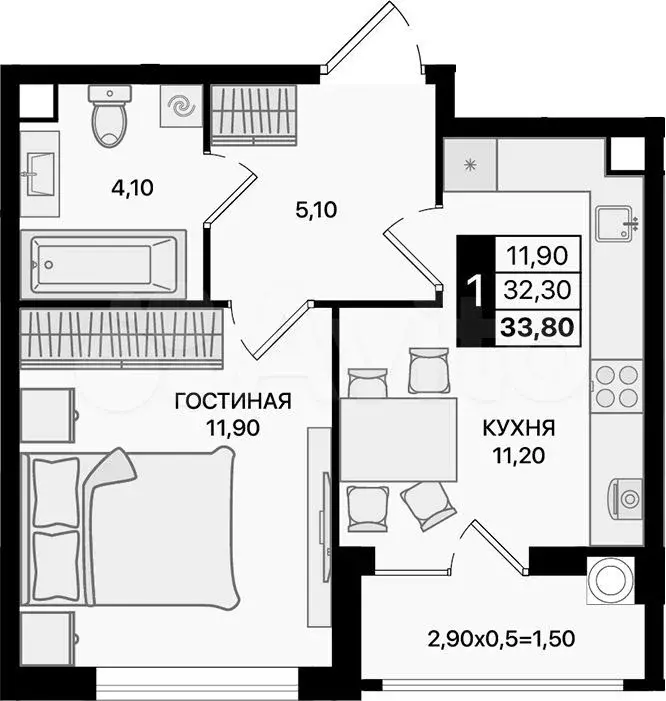 1-к. квартира, 33,8 м, 2/9 эт. - Фото 1