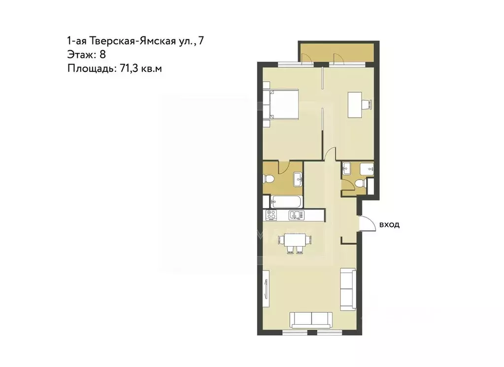 2-к кв. Москва 1-я Тверская-Ямская ул., 7 (71.3 м) - Фото 2