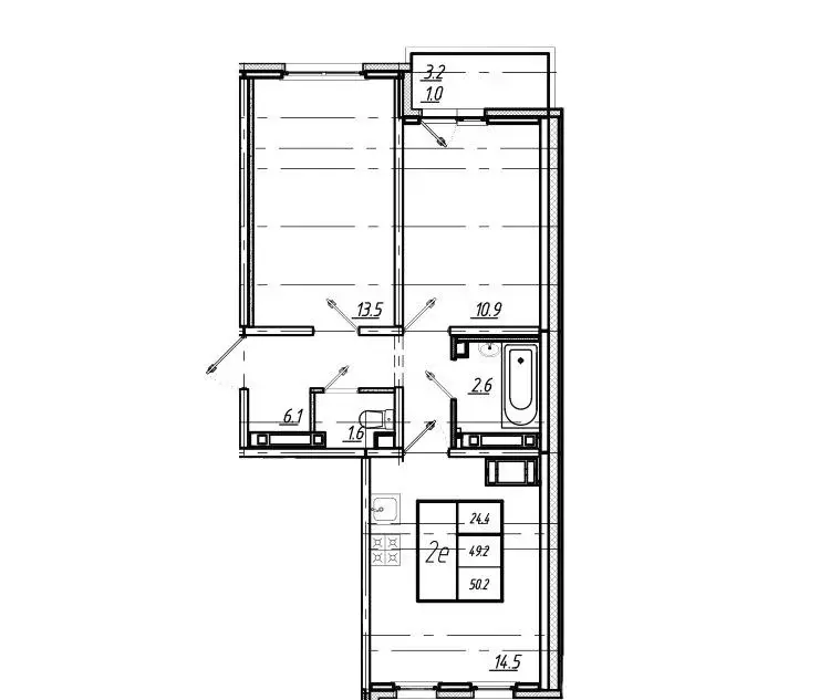 Квартира, 2 комнаты, 52.4 м - Фото 1