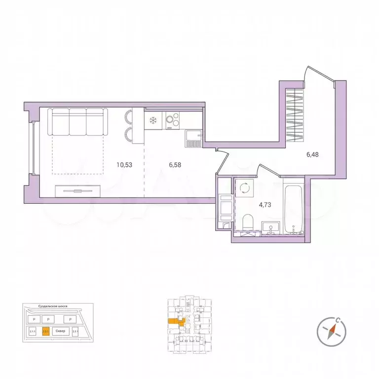 Квартира-студия, 28,3 м, 3/25 эт. - Фото 0