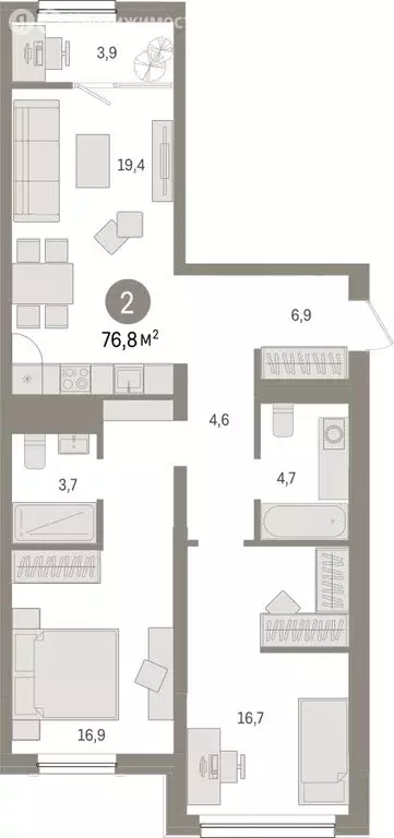 2-комнатная квартира: Тюмень, Мысовская улица, 26к1 (76.83 м) - Фото 1