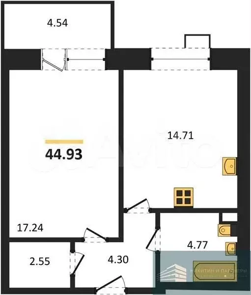1-к. квартира, 44,9 м, 4/10 эт. - Фото 0