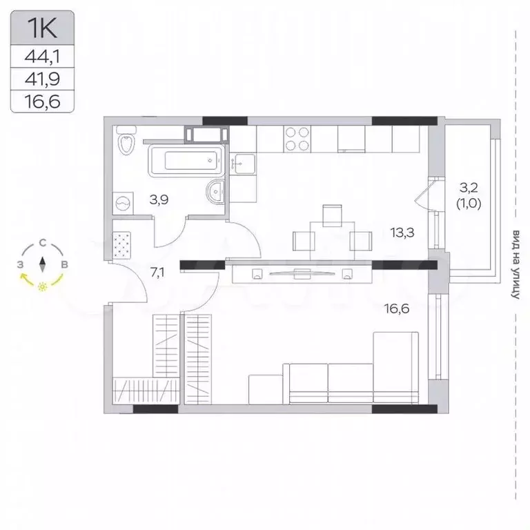 1-к. квартира, 41,9м, 6/9эт. - Фото 0