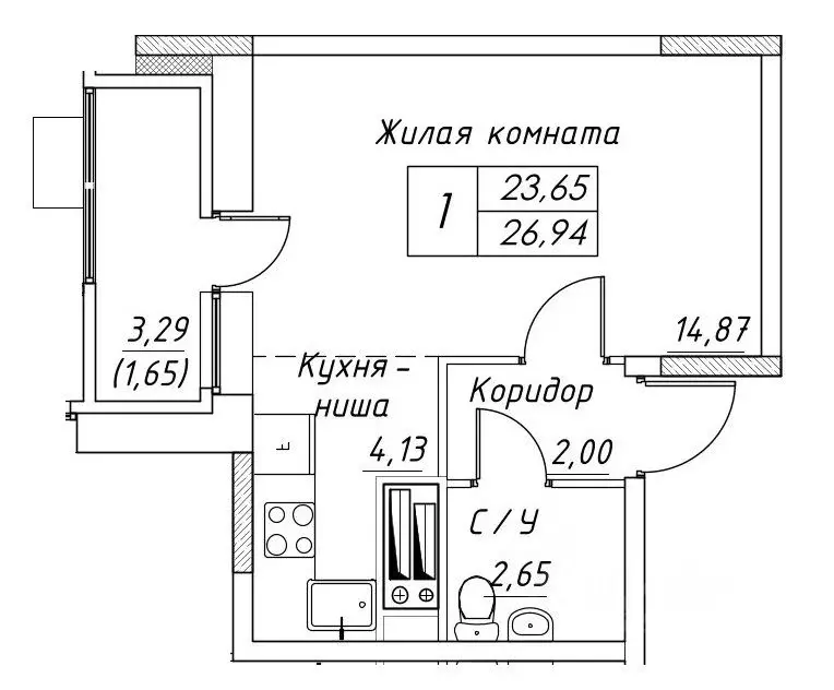 1-к кв. Московская область, Дмитров  (26.94 м) - Фото 0