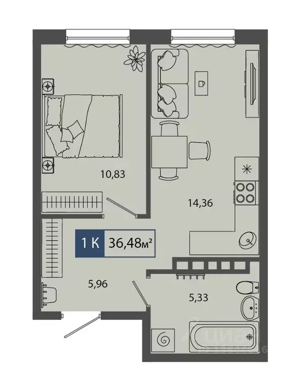 1-к кв. Тюменская область, Тюмень Мелиораторов мкр,  (36.48 м) - Фото 0