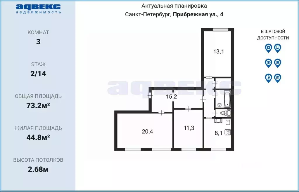 3-к кв. Санкт-Петербург Прибрежная ул., 4 (73.2 м) - Фото 1