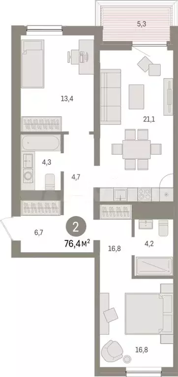 2-к. квартира, 76,4м, 4/9эт. - Фото 1