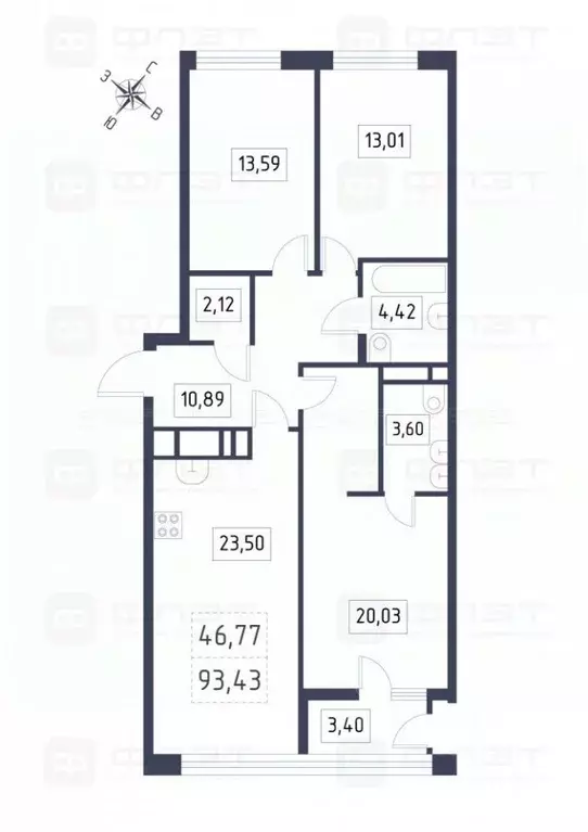 3-к кв. Татарстан, Казань ул. Шаляпина, 32 (93.4 м) - Фото 1