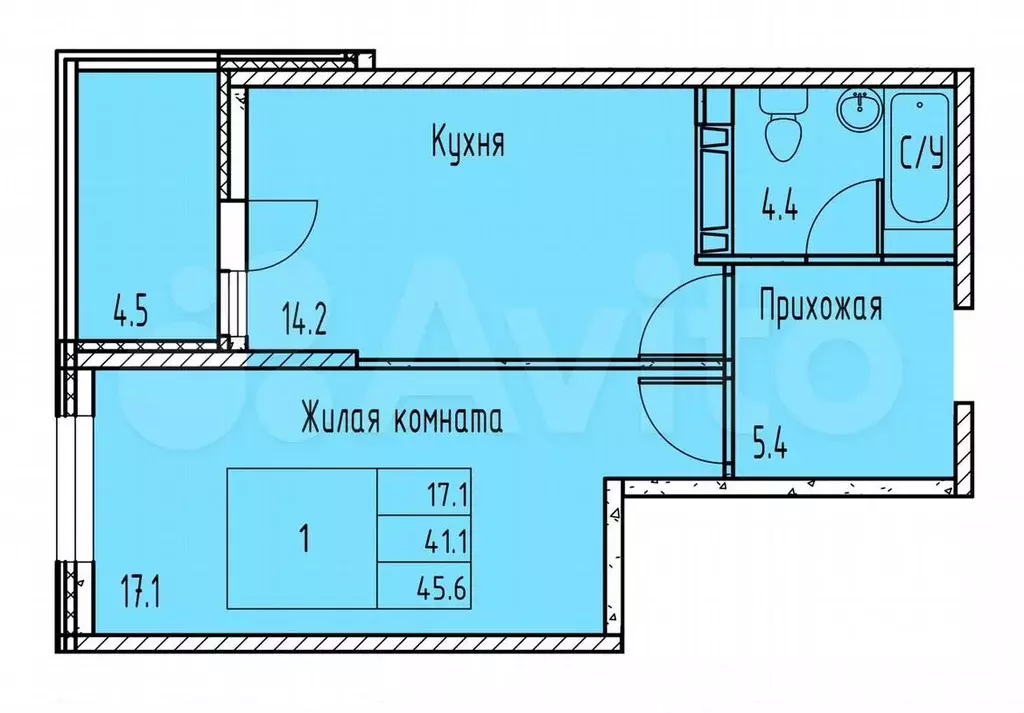 1-к. квартира, 42,4м, 3/15эт. - Фото 1