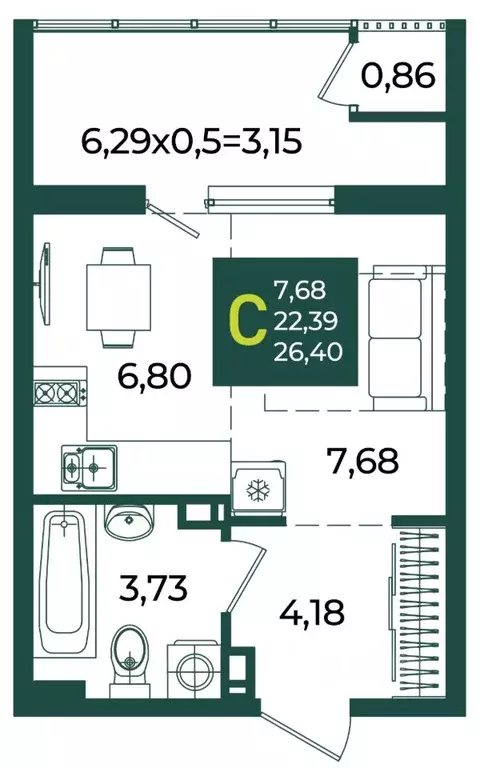 Студия Краснодарский край, Краснодар Образцово мкр,  (26.4 м) - Фото 1