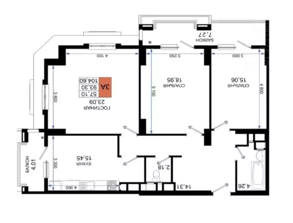 3-комнатная квартира: Новороссийск, проспект Дзержинского, 244к5 (105 ... - Фото 1