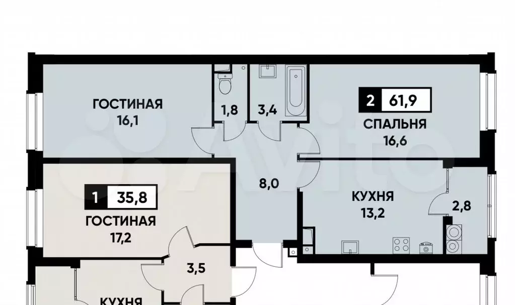 2-к. квартира, 62 м, 8/9 эт. - Фото 0