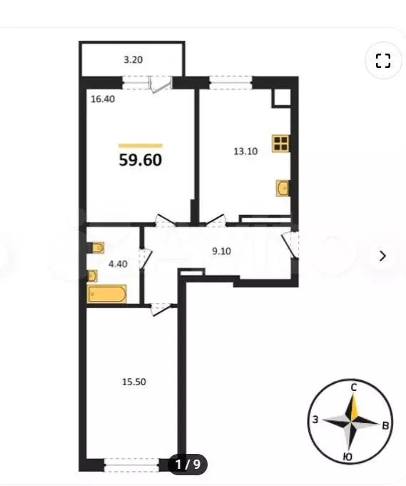 2-к. квартира, 59,6 м, 2/8 эт. - Фото 1