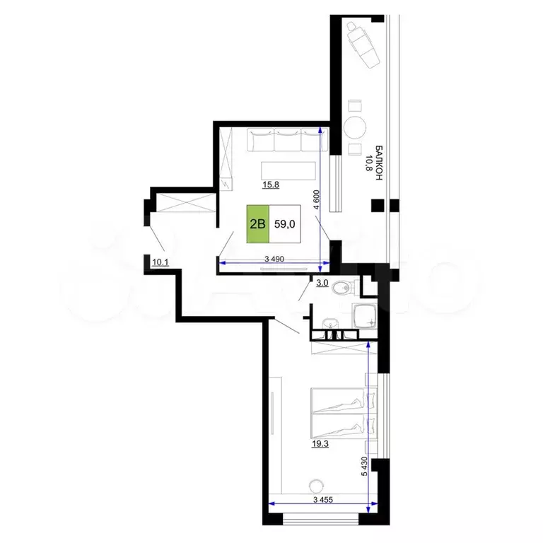 2-к. квартира, 59 м, 5/9 эт. - Фото 0