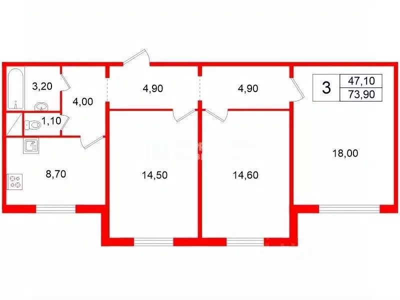 3-к кв. Санкт-Петербург дор. Муринская, 68к2 (73.9 м) - Фото 2