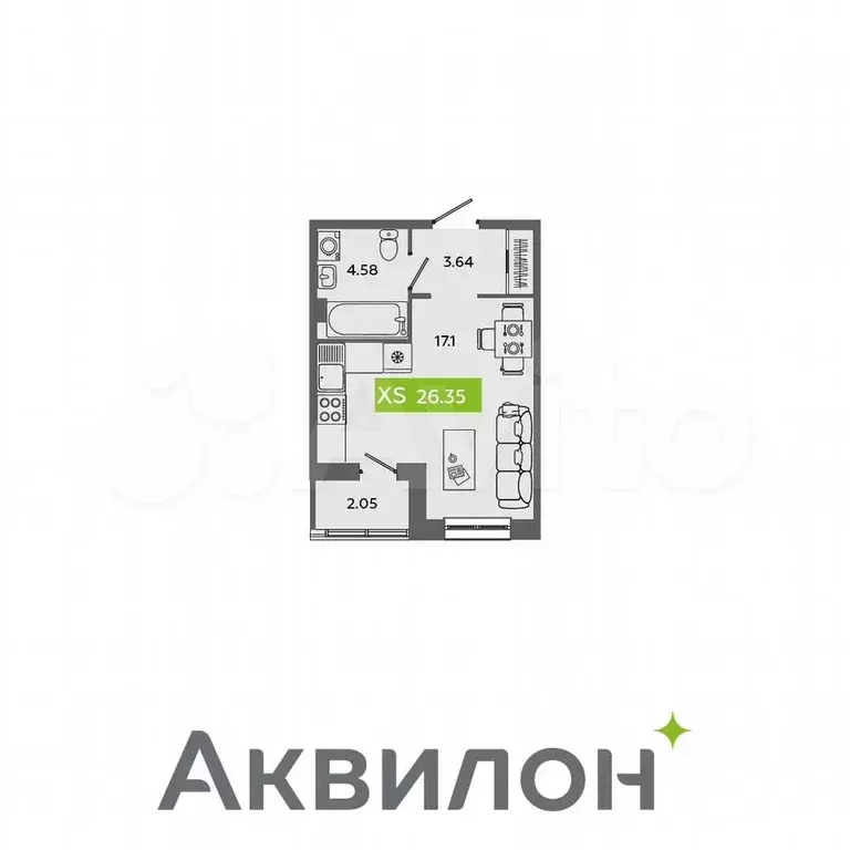 Квартира-студия, 26,4 м, 2/5 эт. - Фото 0