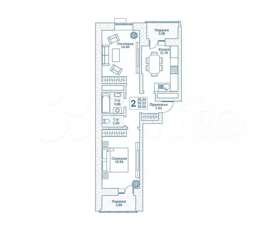 2-к. квартира, 59,1 м, 3/7 эт. - Фото 0