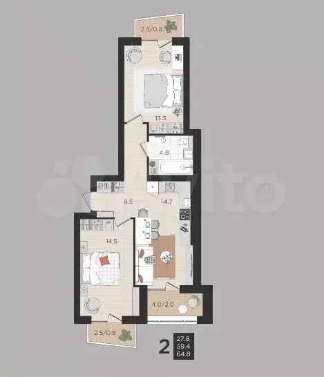 2-к. квартира, 59,4 м, 2/4 эт. - Фото 1