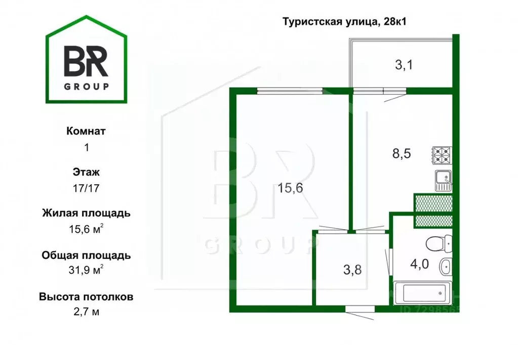 1-к кв. Санкт-Петербург Туристская ул., 28к1 (31.9 м) - Фото 1