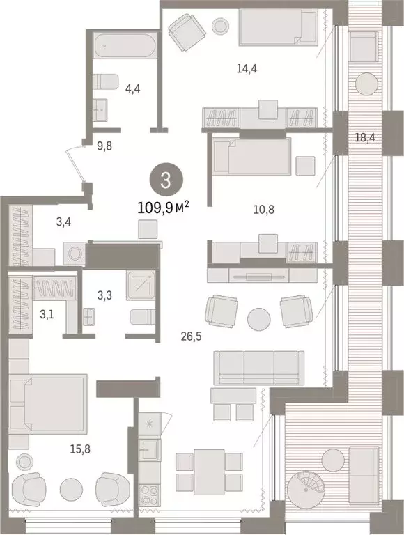 3-комнатная квартира: Тюмень, Краснооктябрьская улица, 4к3 (109.91 м) - Фото 1