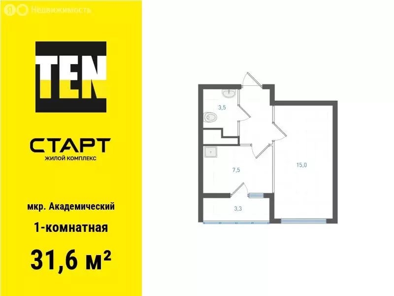 1-комнатная квартира: Екатеринбург, Академический район (31.6 м) - Фото 0