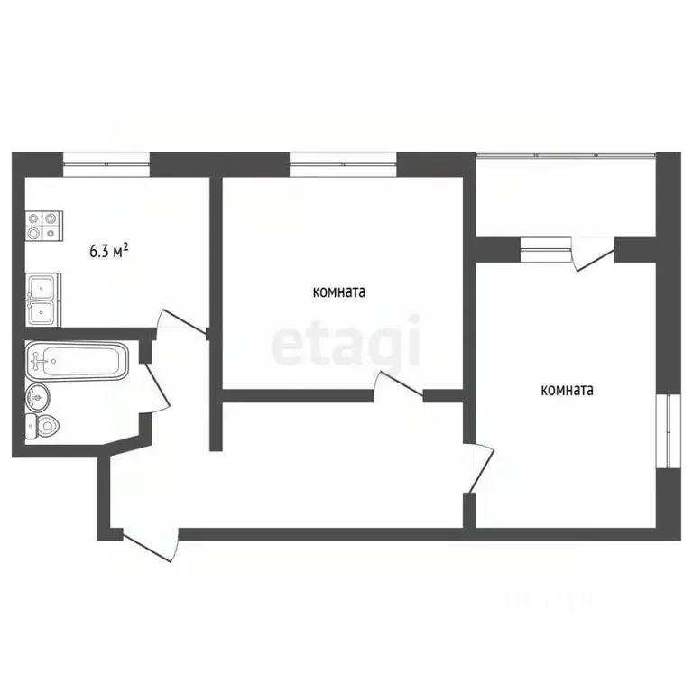 Квартира, 2 комнаты, 42.9 м - Фото 1