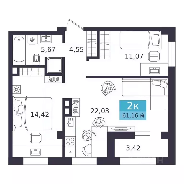 2-к кв. Курганская область, Курган Центральный жилрайон,  (61.16 м) - Фото 2