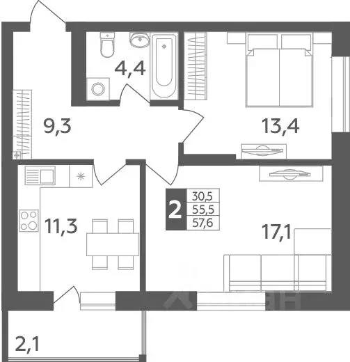 2-к кв. Башкортостан, Уфа ул. Орджоникидзе, 34 (57.6 м) - Фото 1
