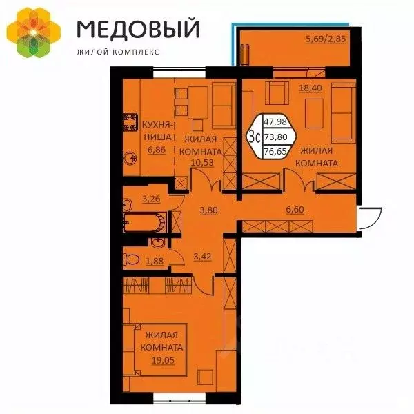 3-к кв. Пермский край, д. Кондратово ул. Г.Н. Нифантова, 12 (76.65 м) - Фото 0