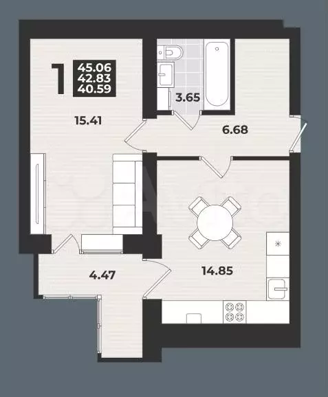 1-к. квартира, 45 м, 1/9 эт. - Фото 1