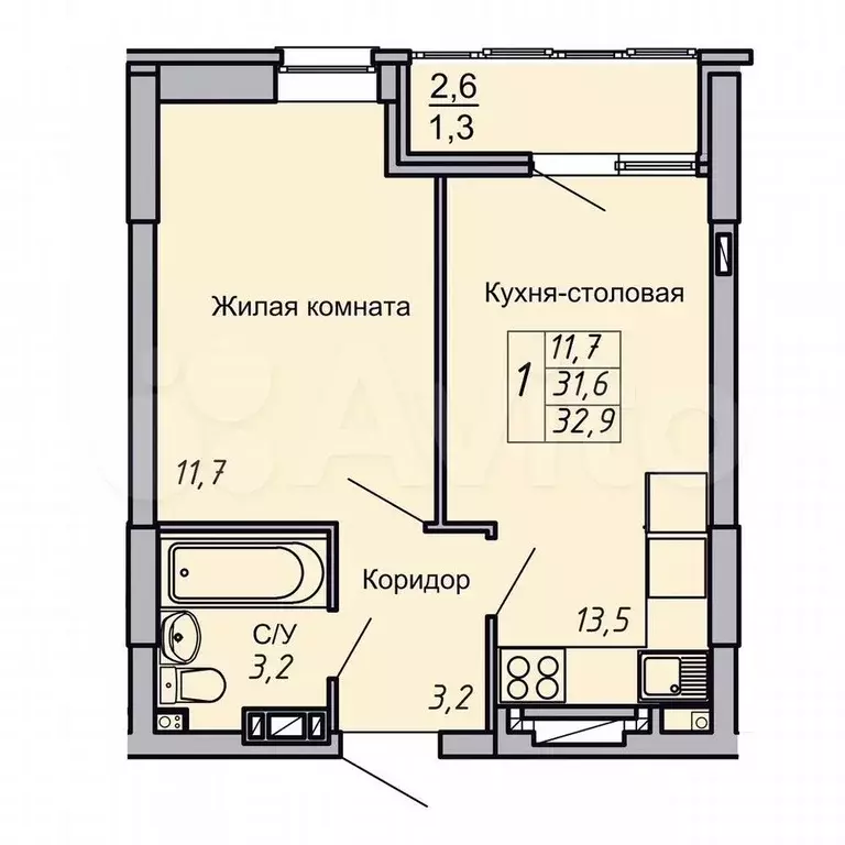 1-к. квартира, 32,9 м, 6/17 эт. - Фото 0