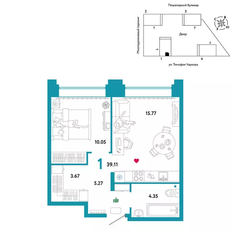 1-комнатная квартира: Тюмень, улица Тимофея Чаркова, 93 (39.11 м) - Фото 0