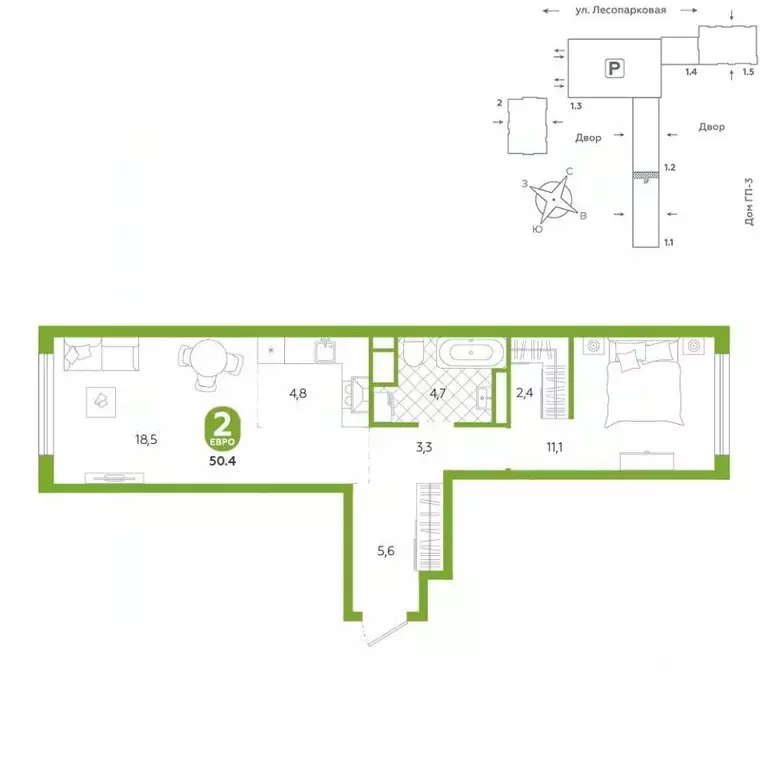 2-к кв. Тюменская область, Тюмень ул. Лесопарковая, 22 (50.4 м) - Фото 0