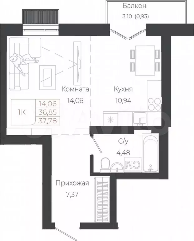 1-к. квартира, 37,8 м, 2/8 эт. - Фото 1