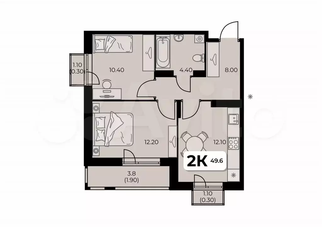 2-к. квартира, 49,6 м, 6/8 эт. - Фото 0