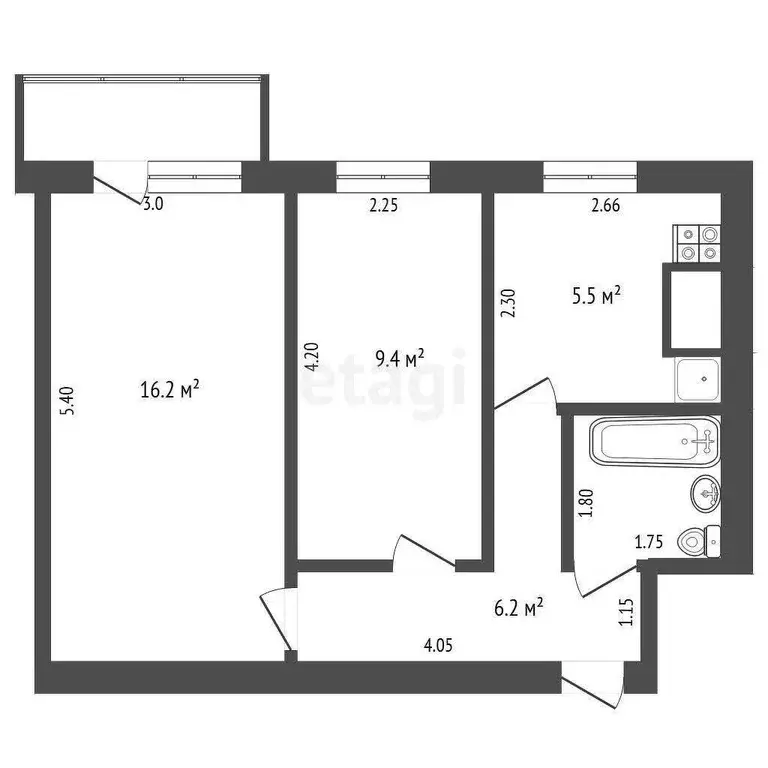 Квартира, 2 комнаты, 40.4 м - Фото 1
