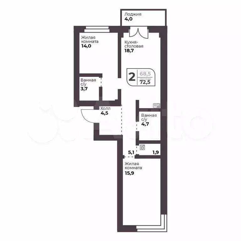 2-к. квартира, 68,5 м, 8/9 эт. - Фото 0