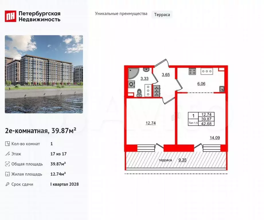 1-к. квартира, 39,9 м, 17/17 эт. - Фото 0